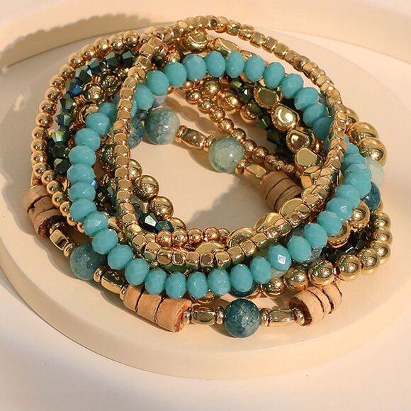 Threaded Pear Boho Beaded Multi-Layer Elastic Bracelet Set - Picture 2 of 3